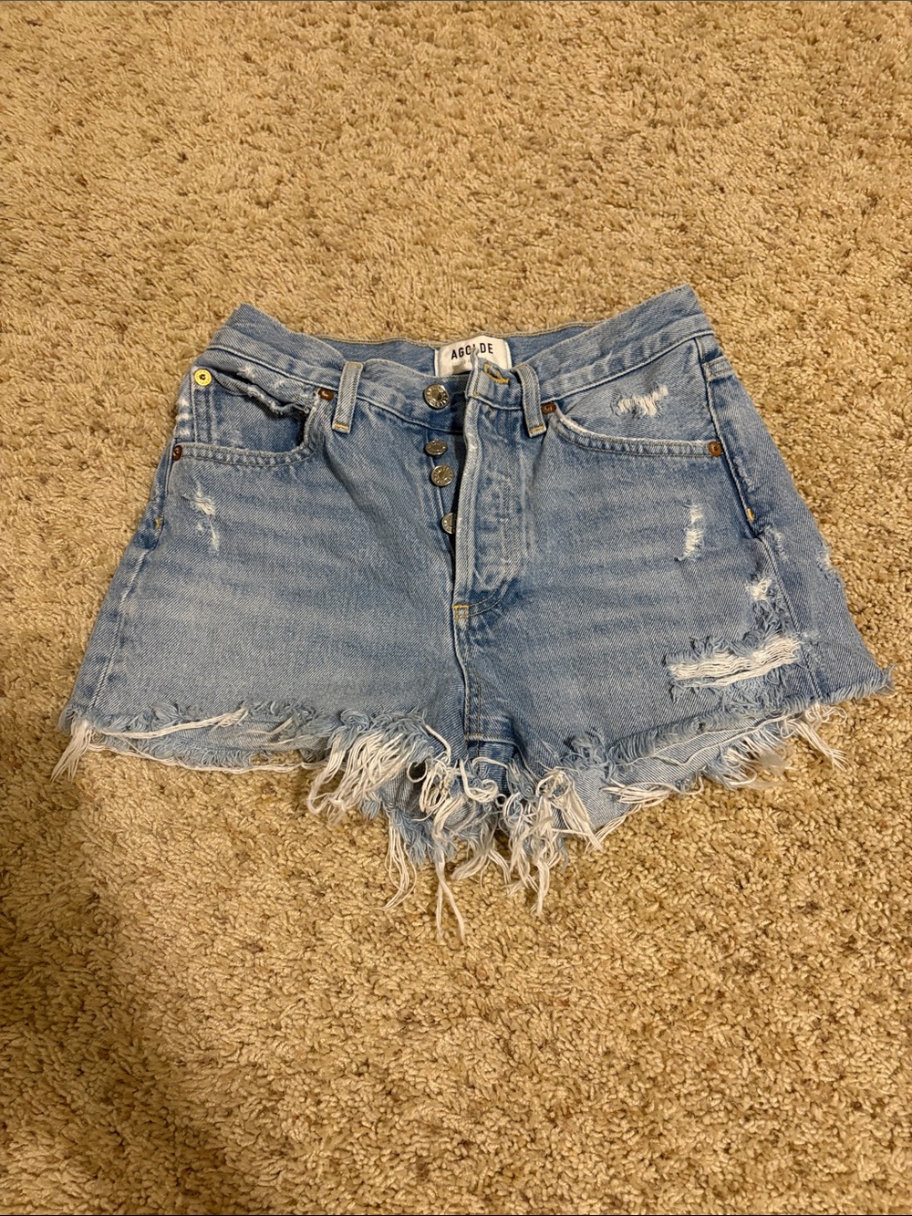 Agolde Light Wash Frayed Hem High-Rise Denim Shorts